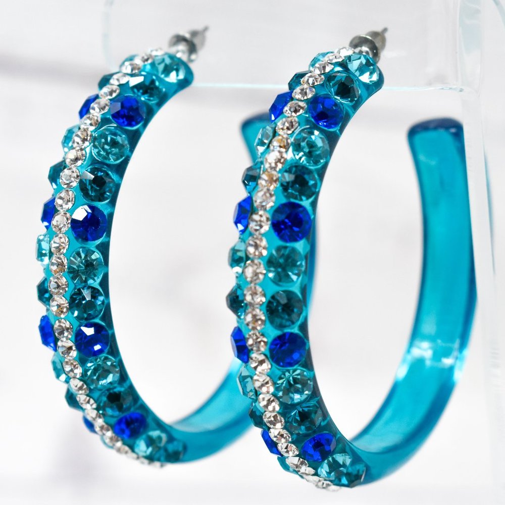 2.5" Clear Teal Lucite Blue Tones Rhinestone Hoops